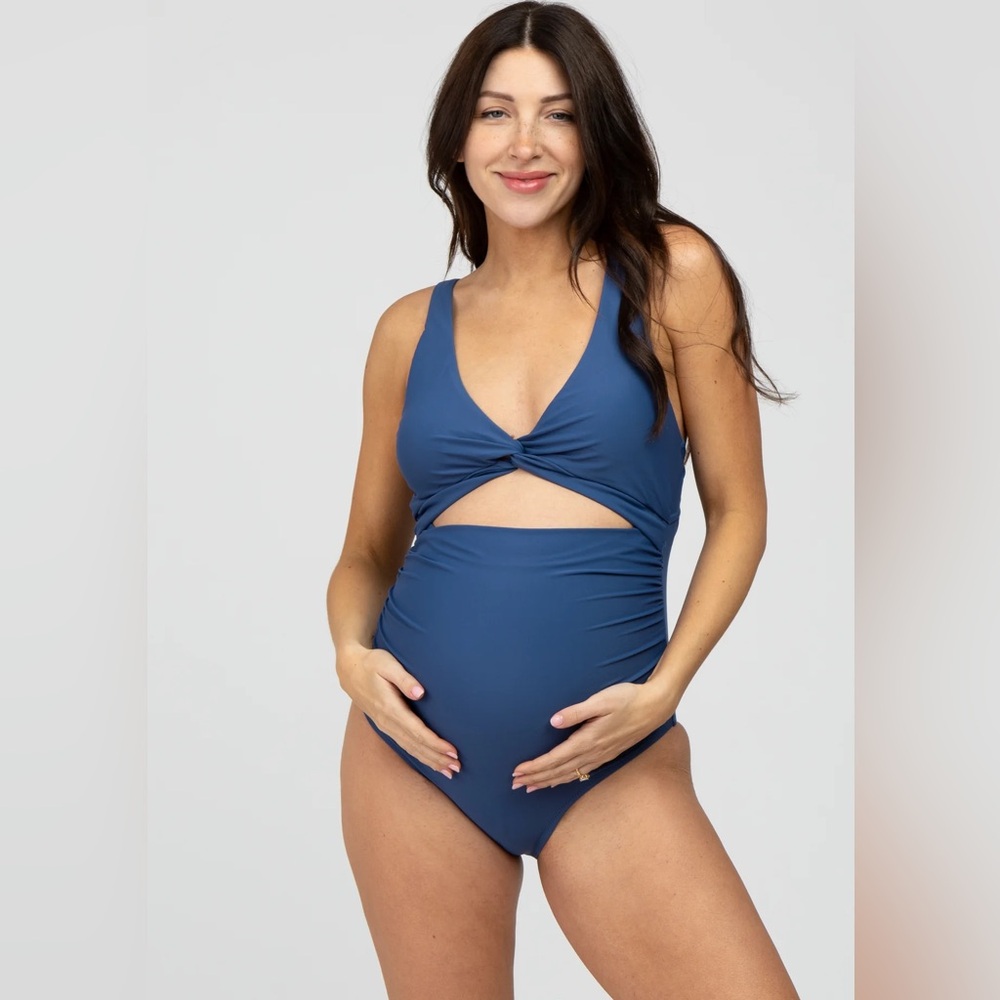 Navy Blue Ruched Sides Front Cutout Maternity One Piece Swimsuit XL Pinkblush